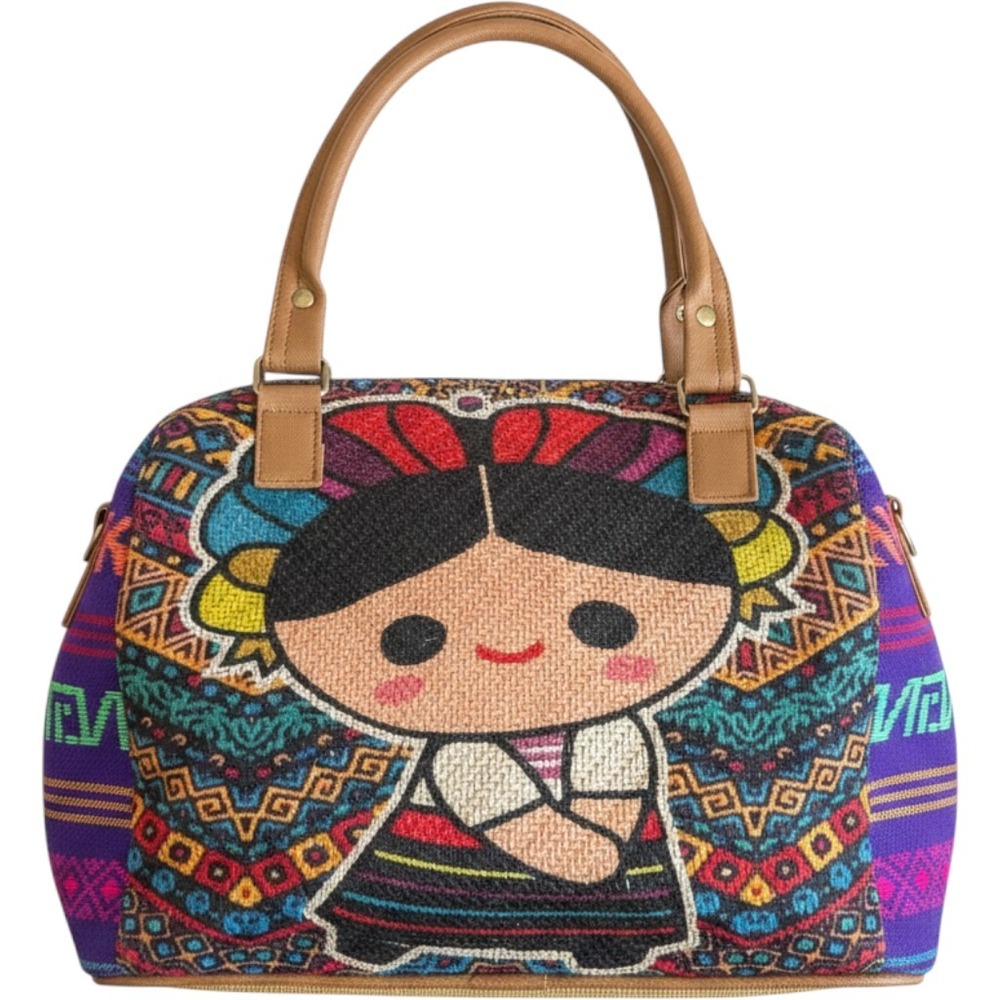 Artisanal Mexican Handbag Woven Folk Art Doll Purple Textile Faux Leather Trim